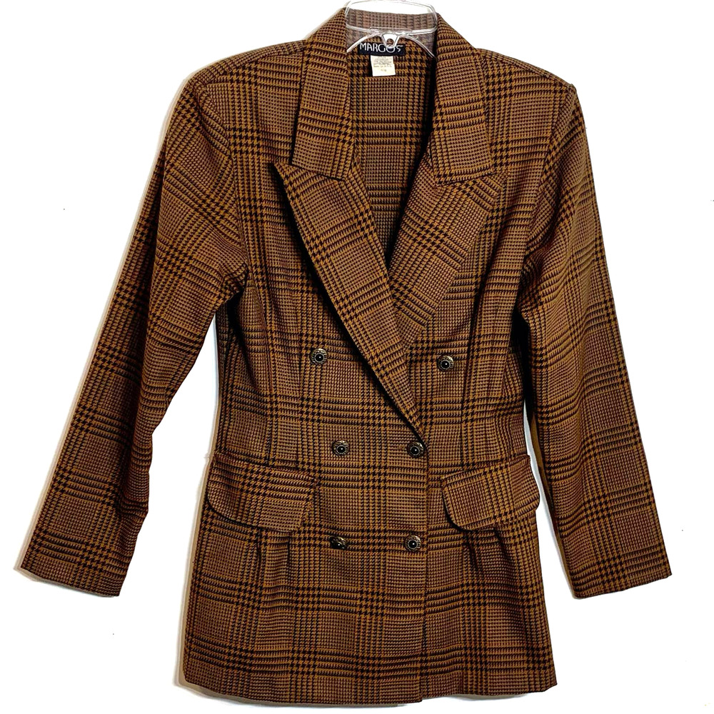 EUC Vintage Brown‎ and Black Houndstooth Double Breasted Blazer Size 9/10